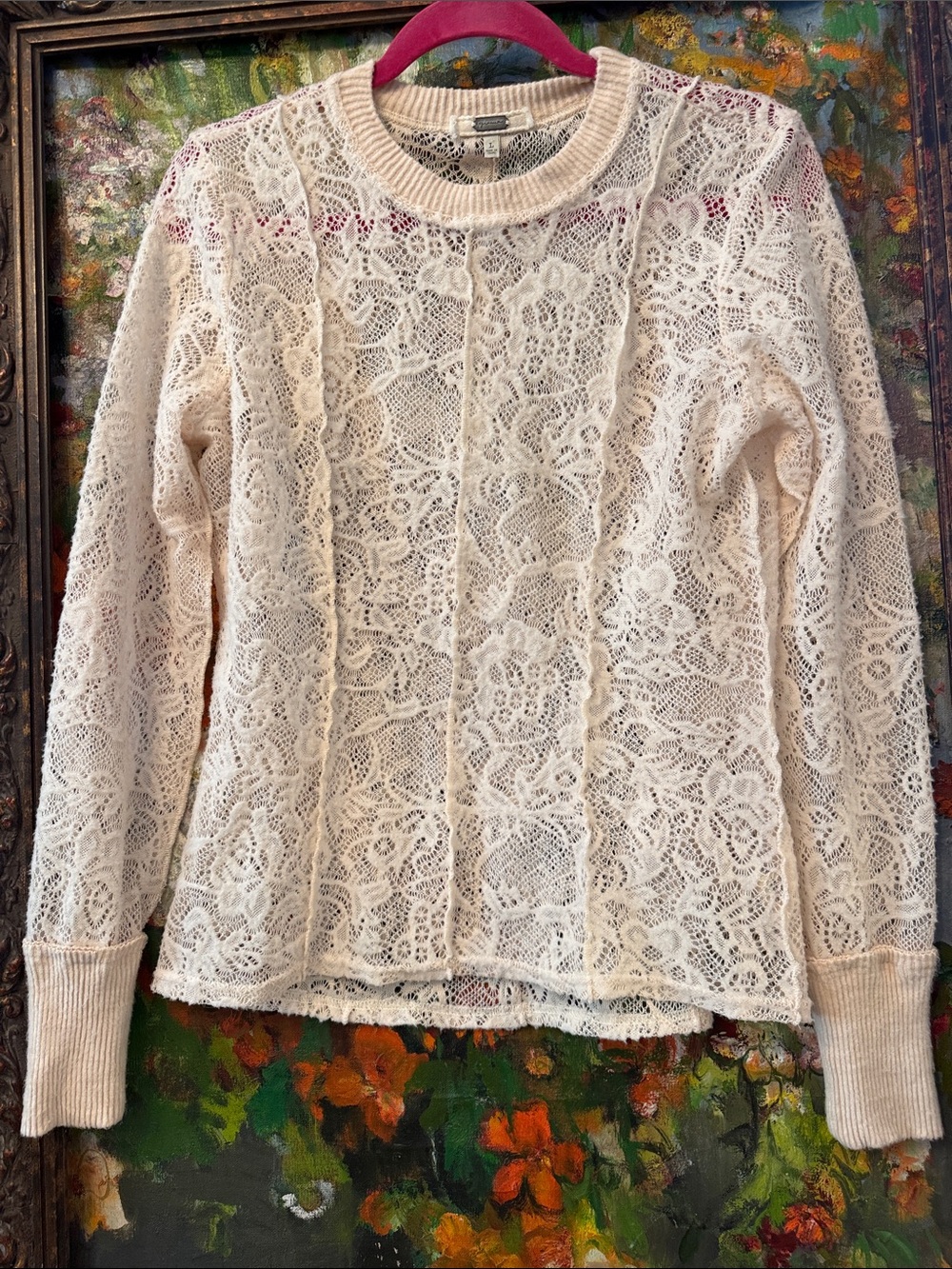 Free People Cream Lace Long-Sleeve Crewneck Top